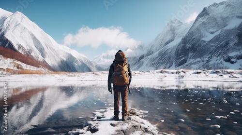 A person standing on a rock in the snow. Suitable for outdoor activities and winter landscapes