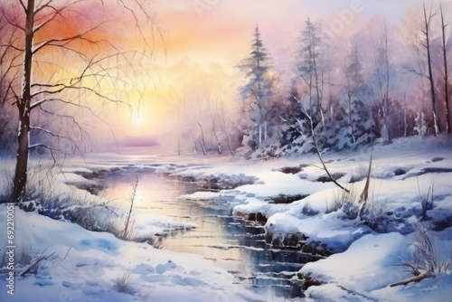 A painting depicting a serene river flowing through a snowy forest. Perfect for winter-themed projects or nature-inspired designs © Fotograf