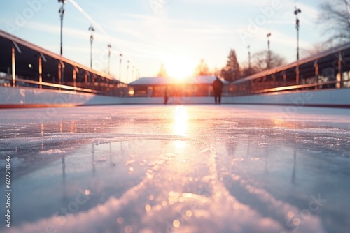 A person gracefully skating on an ice rink during a beautiful sunset. Perfect for capturing the elegance and tranquility of ice skating.
