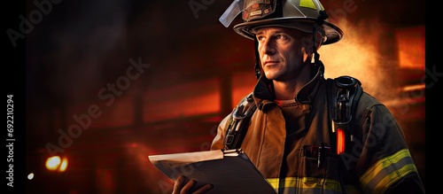 beautiful firefighter checking fire alarm while holding clipboard. Copy space image. Place for adding text or design