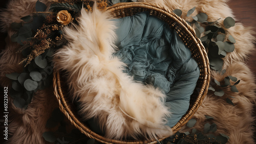 Digital background. Boho Style. Moses basket, newborn cradle, fur basket, fur crib. Composite background for montage in photography.  photo