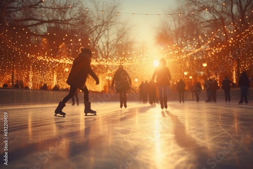 A group of people enjoying ice skating on a rink. Suitable for winter activities and family fun