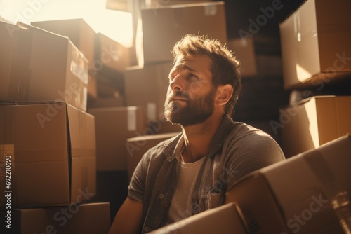 A man is sitting in a room that is filled with boxes. This image can be used to represent moving, storage, or cluttered spaces