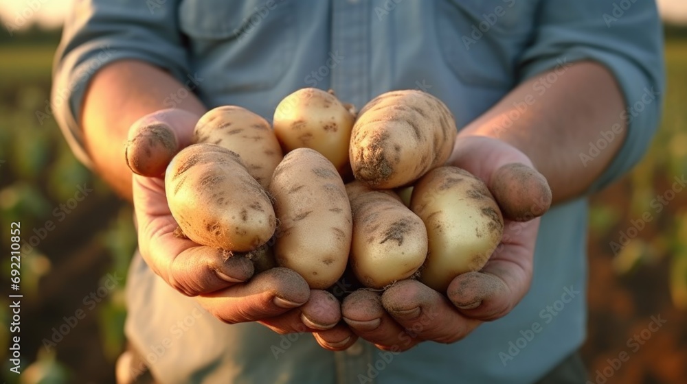 A man is seen holding a handful of potatoes. This image can be used to depict farming, agriculture, or cooking A man is seen holding a handful of potatoes. This image can be used to depict farming, agriculture, or cooking