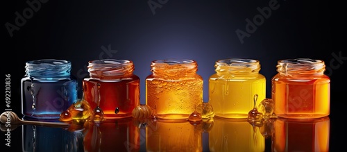 An abundance of honey varieties in color taste and density beekeeping. Copy space image. Place for adding text or design photo