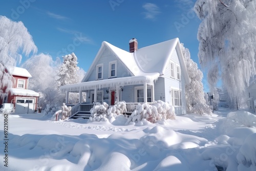 A house completely covered in snow and ice. Perfect for winter-themed projects and holiday designs photo