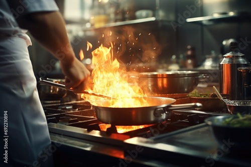 A person is cooking food on a stove in a kitchen. This image can be used to showcase cooking, culinary skills, and home cooking