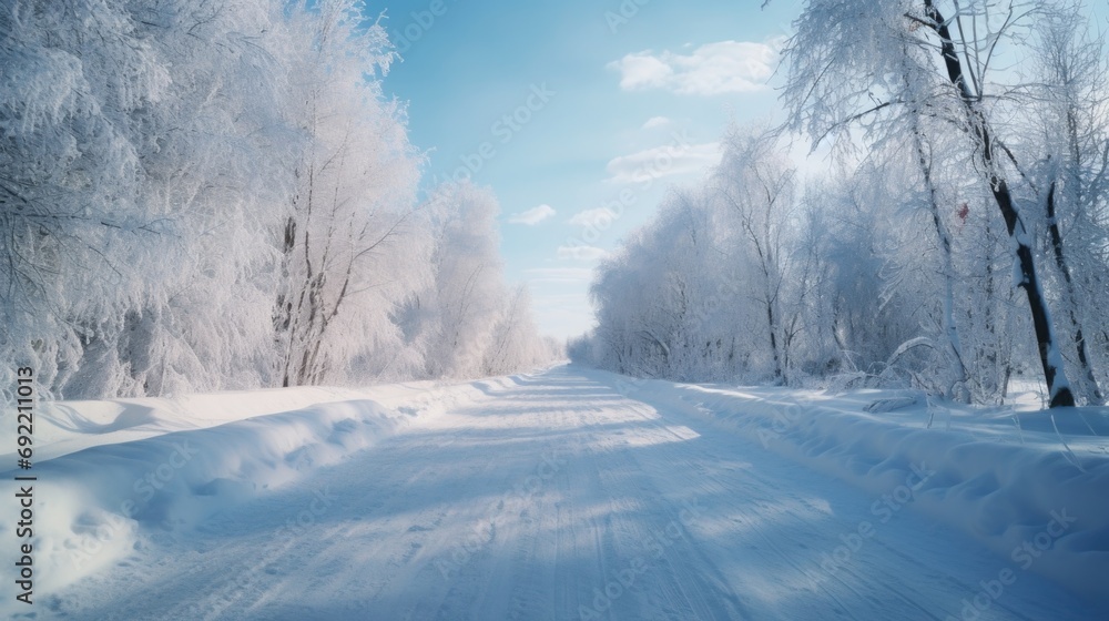Fototapeta premium A picturesque snow-covered road winding through a serene forest. Perfect for winter-themed projects or nature-related designs