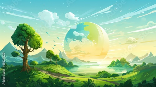 A cartoon illustration of a picturesque mountain landscape. Perfect for use in travel brochures or nature-themed designs