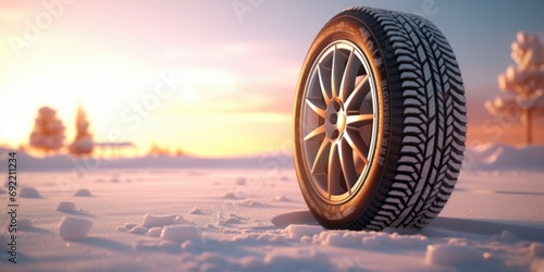 A tire on a snowy road with a beautiful sunset in the background. Perfect for winter travel or automotive themes