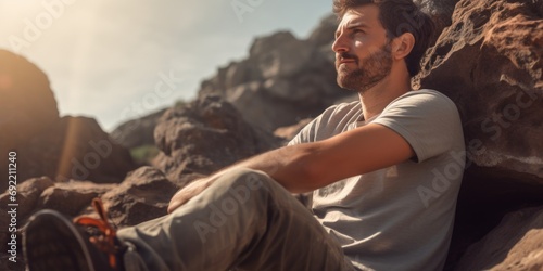 A man is seen sitting on top of a rocky hill. This image can be used to depict solitude, adventure, and contemplation in nature