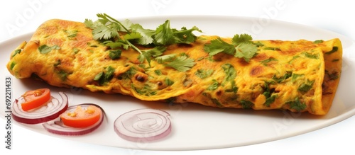 Besan chilla or chickpea pancakes These are protein rich savoury pancakes made of besan flour or chick pea flour with onions tomato green chili and coriander leaves Shot on white backdrop photo