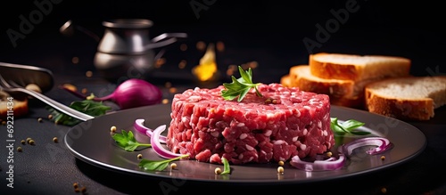 Beefsteak tartar with red onion rings ready to eat with toasted bread. Copy space image. Place for adding text or design photo