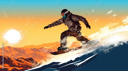 A man riding a snowboard down a snow covered slope. This picture can be used to showcase winter sports and outdoor activities