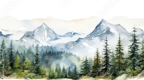 A painting depicting a serene mountain scene with tall pine trees. Perfect for nature lovers or those seeking a peaceful atmosphere. Can be used as a backdrop or for creating a calming ambiance #692211470