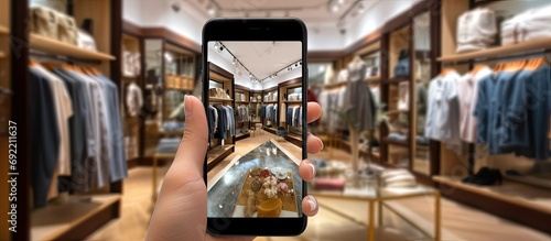 Augmented reality application for retail business concept Hand holding smart phone with A R application on screen to finding shop in department stroe. Copy space image photo