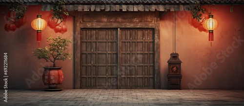 Antique oriental style building with door carved walls and two gassier hanging next to the door. Copy space image. Place for adding text or design