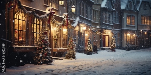 A picturesque snowy street with beautifully decorated Christmas trees and sparkling lights. Perfect for holiday-themed designs and winter scenes