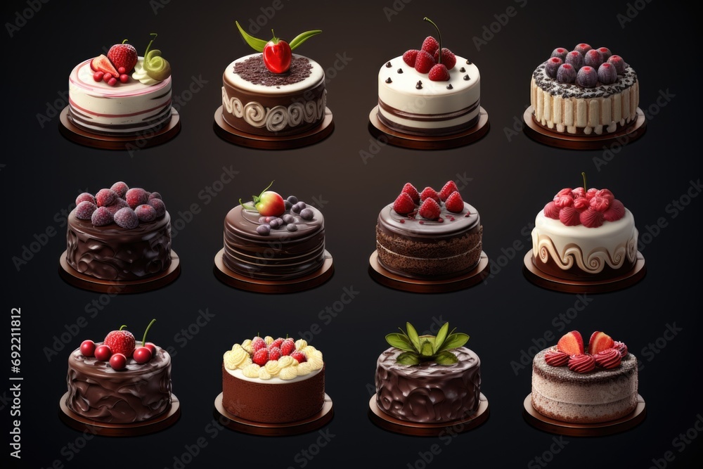 A collection of cakes adorned with various delicious toppings. Perfect for any sweet occasion A collection of cakes adorned with various delicious toppings. Perfect for any sweet occasion