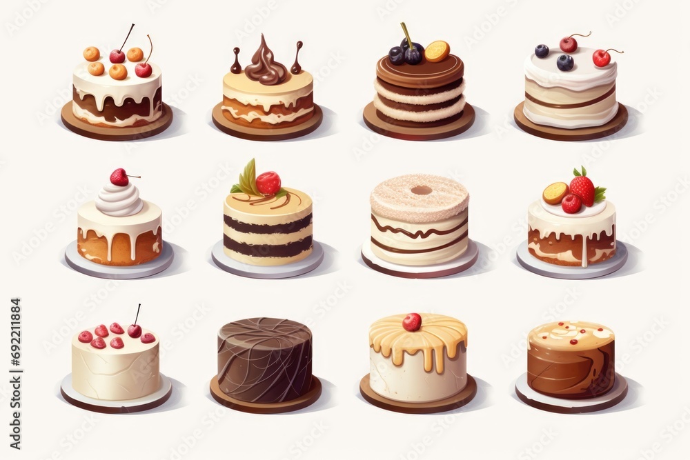 A collection of cakes adorned with different toppings. Perfect for bakery advertisements or dessert-themed projects A collection of cakes adorned with different toppings. Perfect for bakery advertisements or dessert-themed projects