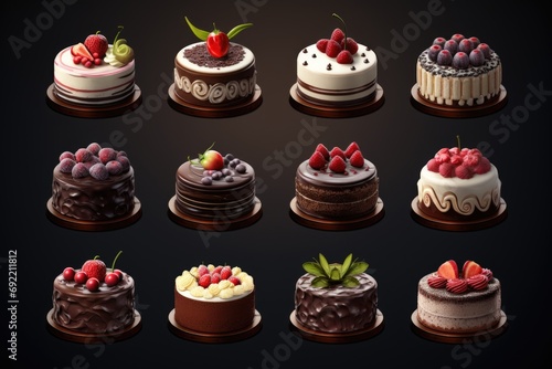 A collection of cakes adorned with various delicious toppings. Perfect for any sweet occasion