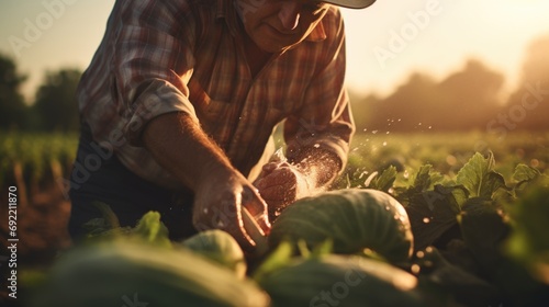 A man in a hat picking watermelon from a field. Suitable for agricultural, farming, or harvest-themed projects photo
