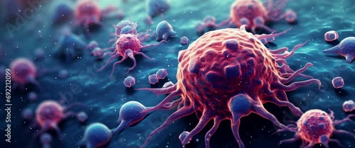 Anamorphic video cancer cell or tumor illustration for symbolizing cancer awareness on World Cancer Day. photo