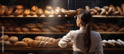 attractive female baker between shelves looking and checking freshly baked bread very carefully bakery industry. Copy space image. Place for adding text or design