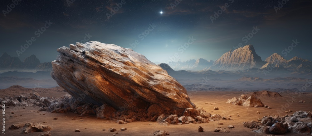 Alien Rock with space background and a brown planet. Copy space image. Place for adding text or design Alien Rock with space background and a brown planet. Copy space image. Place for adding text or design