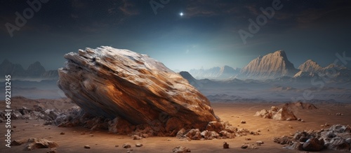 Alien Rock with space background and a brown planet. Copy space image. Place for adding text or design photo