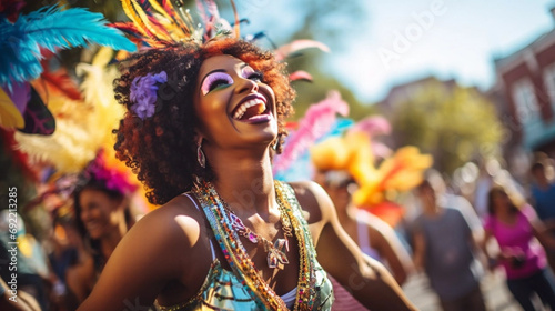 Fototapeta copy space, Cheerful black woman has fun on Mardi Gras street carnival while wearing a costume. Perfect for carnival, Mardi Gras, party, celebration, and theme-related concepts. Carnival background.