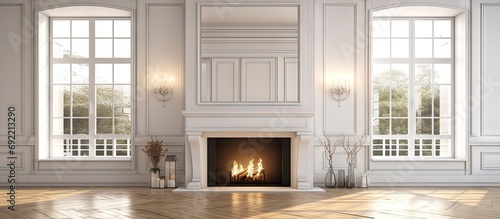 Beautiful open living room with mirrored fireplace and large bright windows. Copy space image. Place for adding text or design