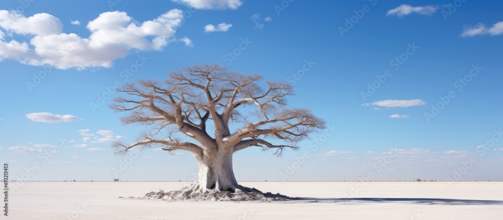 Baobab Adansonia digitata Kubu Island White Sea of Salt Lekhubu Makgadikgadi Pans National Park Botswana Africa. Copy space image. Place for adding text or design