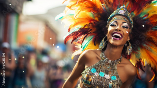 copy space, Cheerful black woman has fun on Mardi Gras street carnival while wearing a costume. Perfect for carnival, Mardi Gras, party, celebration, and theme-related concepts. Carnival background.