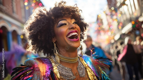 copy space, Cheerful black woman has fun on Mardi Gras street carnival while wearing a costume. Perfect for carnival, Mardi Gras, party, celebration, and theme-related concepts. Carnival background.