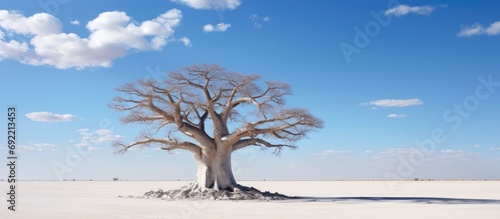 Baobab Adansonia digitata Kubu Island White Sea of Salt Lekhubu Makgadikgadi Pans National Park Botswana Africa. Copy space image. Place for adding text or design © Ilgun