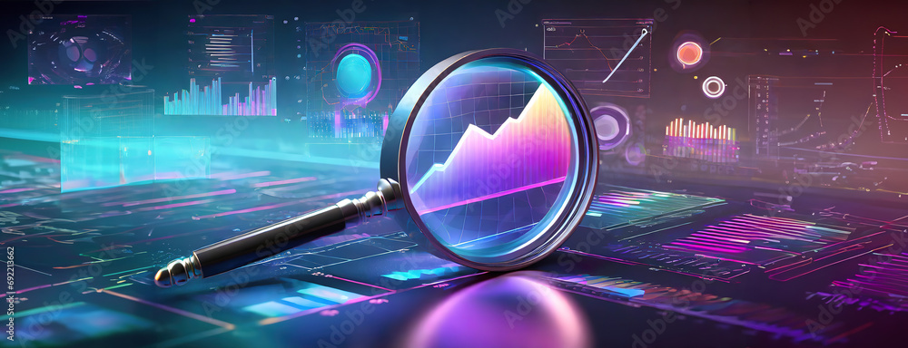Magnifying glass focused on vibrant data visualizations, including charts and graphs, symbolizing data analysis, search engine optimization SEO, and digital analytics. Neon ultraviolet setting.