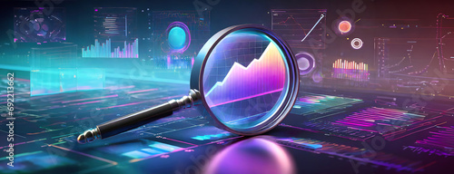 Magnifying glass focused on vibrant data visualizations, including charts and graphs, symbolizing data analysis, search engine optimization SEO, and digital analytics. Neon ultraviolet setting.