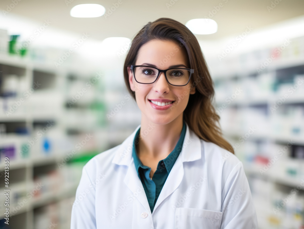 Closeup Portrait of a female pharmacist in a modern pharmacy, standing by the medication shelves and making eye contact with the camera, professional photography
