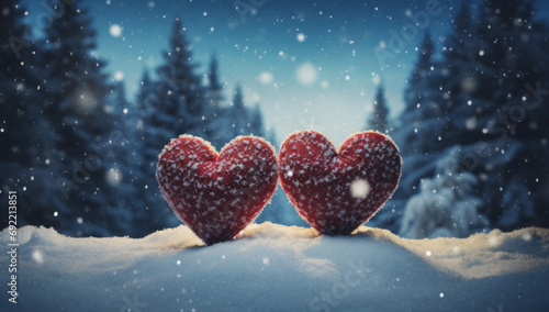 Christmas trees, snowing with a heart shape, in the style of, poignant, love and romance on Valentines day photo