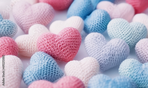 Colorful knitted heart shapes on white isolated background  Valentines day background. Be my valentine theme. Valentine celebration concept greeting card hearts