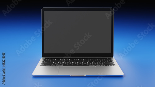 laptop isolated on blue gradient background with transparent display for content replacement.