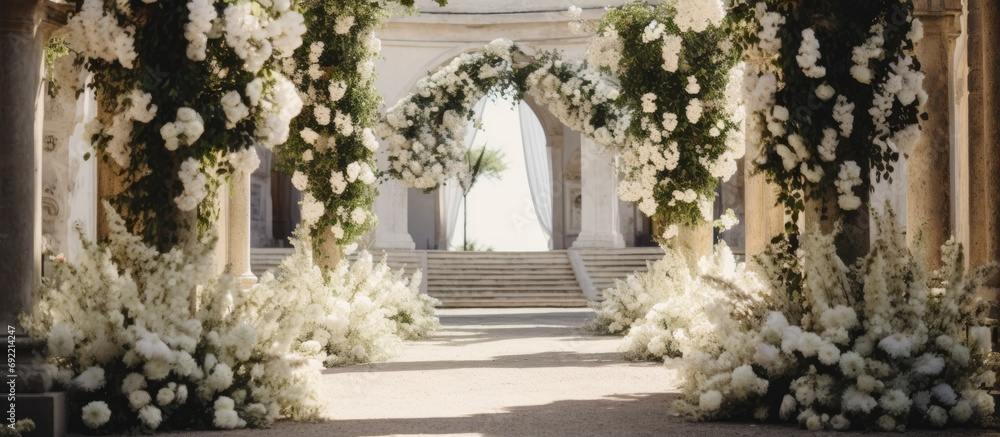 Beautiful romantic elegant wedding decor for a luxury dinner in Italy Tuscany Modern floral design for outdoor wedding. Copy space image. Place for adding text or design