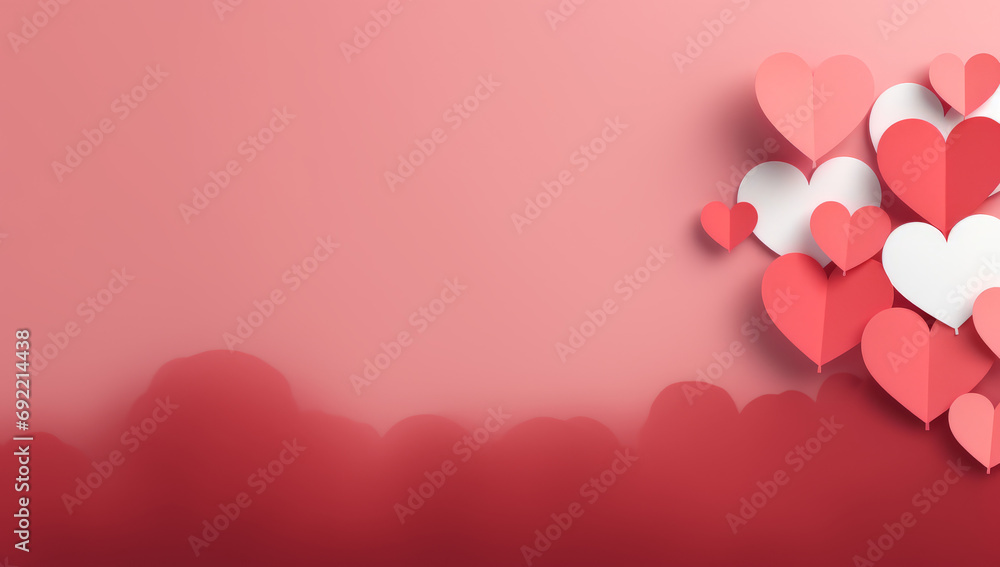 Pink colored sky background with hanging hearts, in the style of Valentines day wallpaper.