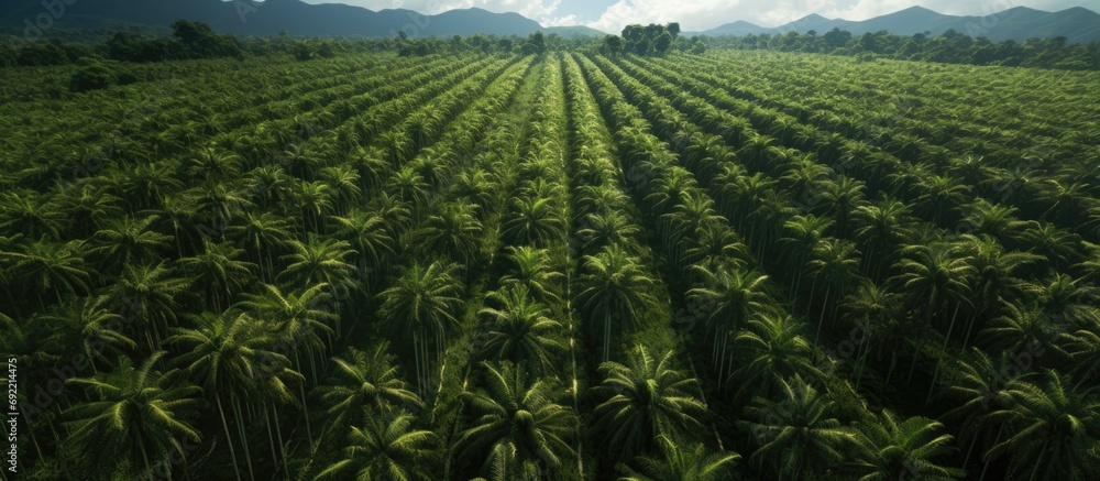 Arial view of palm plantation at east asia. Copy space image. Place for adding text or design - obrazy, fototapety, plakaty 