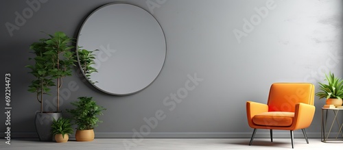 Big ficus plant a vibrant orange armchair and a round mirror in a gray living room interior with place for a floor lamp Real photo. Copy space image. Place for adding text or design photo