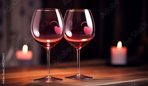 Red and pink wine glasses, table, in the style of love and romance on Valentines day. Festive celeb