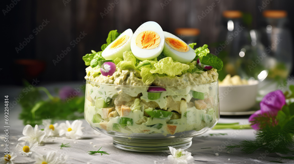 Trendy bound salad with lettuce leaves, avocado and chicken, egg and mayonnaise sauce. A recipe for a nutritious healthy salad that is high in protein. - obrazy, fototapety, plakaty 
