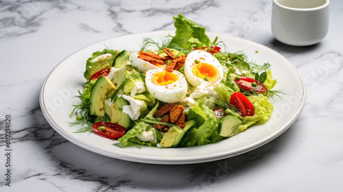 Trendy bound salad with lettuce leaves, avocado and chicken, egg and mayonnaise sauce on marble table. A recipe for a nutritious healthy salad that is high in protein.