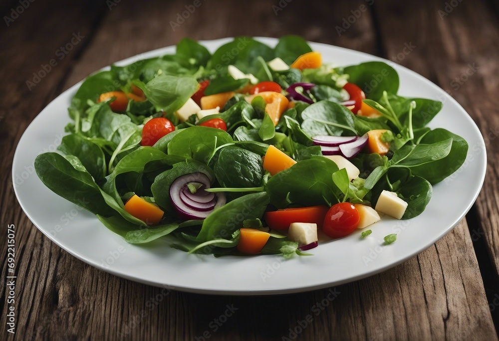 Healthy salad leaves mix salad with mangold spinach and vegetables in the plate over wooden background Healthy salad leaves mix salad with mangold spinach and vegetables in the plate over wooden background